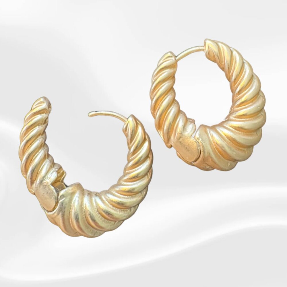 Chic Gold-Tone Ribbed Hoop Earrings — Chunky “Croissant” Style - Picture 2 of 5